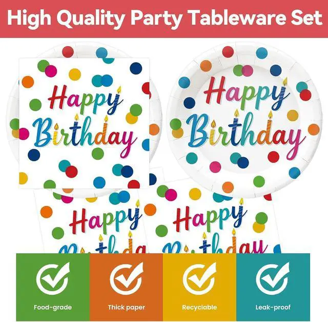 Alt view image 3 of 7 - 50Pcs Happy Birthday Plates and Napkins Party Supplies, Disposable Colorful Polka Dots Paper Plates Napkins Tableware Set for Birthday Party Decorations (Birthday)