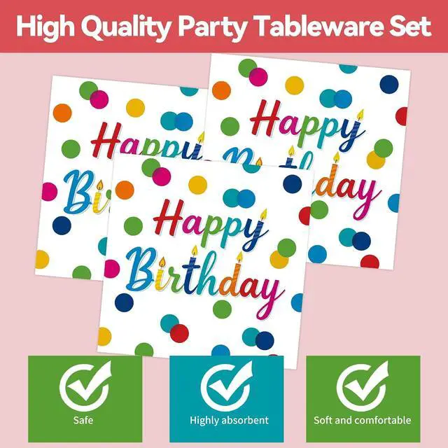 Alt view image 5 of 7 - 50Pcs Happy Birthday Plates and Napkins Party Supplies, Disposable Colorful Polka Dots Paper Plates Napkins Tableware Set for Birthday Party Decorations (Birthday)