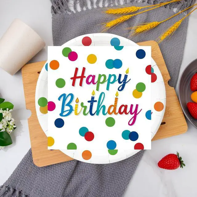 Alt view image 4 of 7 - 50Pcs Happy Birthday Plates and Napkins Party Supplies, Disposable Colorful Polka Dots Paper Plates Napkins Tableware Set for Birthday Party Decorations (Birthday)