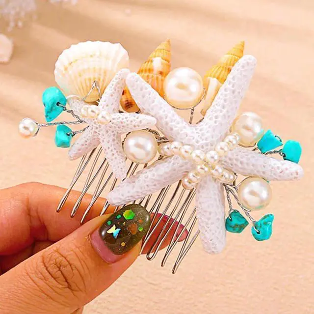 Main image of Asooll Starfish Hair Accessories Silver Bridal Hair Comb Pearl Seashell Hair Clip for Women