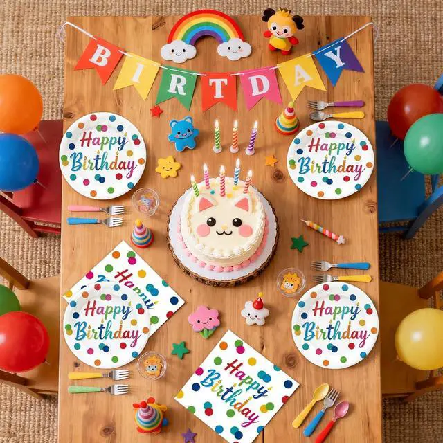 Alt view image 6 of 7 - 50Pcs Happy Birthday Plates and Napkins Party Supplies, Disposable Colorful Polka Dots Paper Plates Napkins Tableware Set for Birthday Party Decorations (Birthday)
