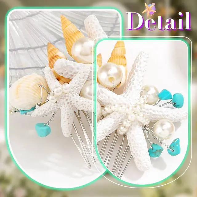Alt view image 5 of 6 - Asooll Starfish Hair Accessories Silver Bridal Hair Comb Pearl Seashell Hair Clip for Women