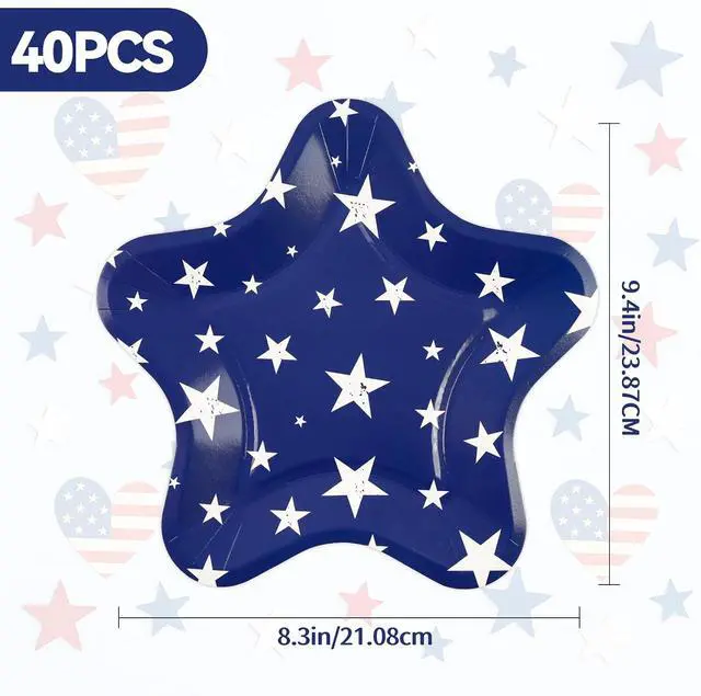 Alt view image 2 of 7 - 40 Pack 4th of July Paper Plates 9 inch, Patriotic Red Blue Star Stripe Party Plates Disposable Cake Plate Dessert Plates Dinner Plates for Memorial Day Party Supplies (Star)