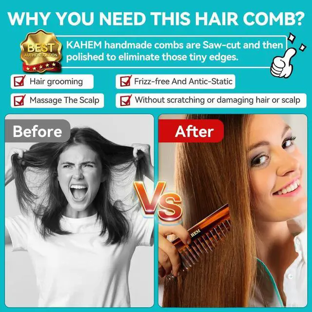 Alt view image 4 of 6 - KAHEM Large Wide Tooth Detangler Comb for Women, Men, and Kids - Handmade for Curly, Long, and Short Hair - Professional Wet and Dry Hair Cutting Comb - 6.29 Inch
