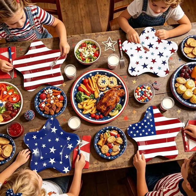 Alt view image 6 of 7 - 40 Pack 4th of July Paper Plates 9 inch, Patriotic Red Blue Star Stripe Party Plates Disposable Cake Plate Dessert Plates Dinner Plates for Memorial Day Party Supplies (Star)