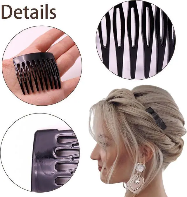 Alt view image 2 of 6 - 6 Pcs French Hair Side Combs Small Decorative French Twist Hair Styling Accessories, Strong Hold Hair Comb Clips for Women (Black, Black Acetate, Amber)