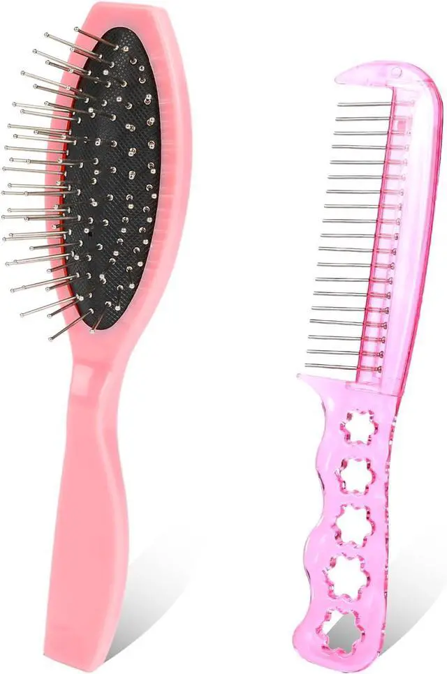 Main image of Wig Brushes for Synthetic Hair, 2 Pieces Stainless Steel Teeth Wig Brushes Portable Synthetic Doll Wigs Brush Metal Wire Wet Hair Extension Brush for Women Girls Dolls, Pink
