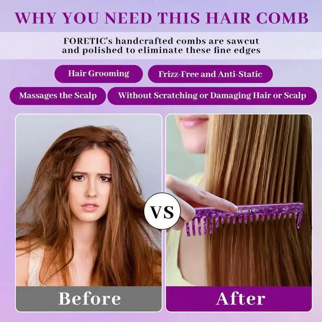 Alt view image 4 of 7 - 2Pcs Large Bright Violet Wide Tooth Comb for Women, Men, and Kids - Handmade, for Curly Hair. Long and Short Hair Detangler Comb for Wet and Dry Use. Professional Hair Cutting Comb - 6.29 Inches