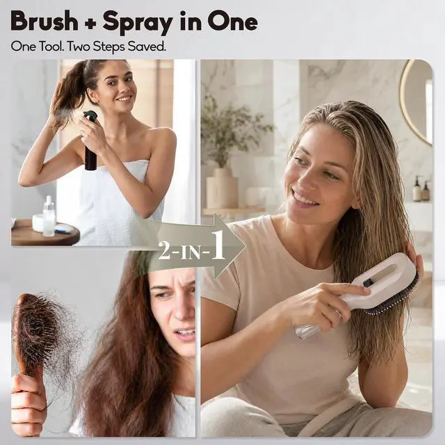 Alt view image 3 of 6 - Smoothing Mist Brush with Fine Continuous Spray, 2-in-1 Detangling Comb for Frizz & Static Control, Wet or Dry Styling for Straight, Curly & Thick Hair, Khaki