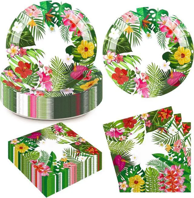 Main image of 50 Pcs Tropical Luau Party Plates and Napkins Summer Hawaiian Green Leafs Flowers Disposable Tableware Party Decor for Tropical Luao Pool Beach Swim Birthday Baby Shower Party Supplies