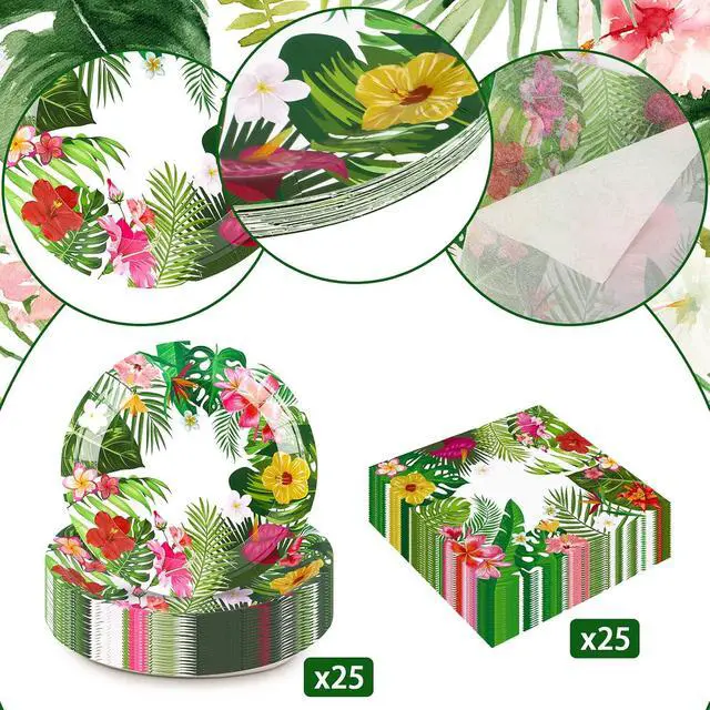 Alt view image 3 of 7 - 50 Pcs Tropical Luau Party Plates and Napkins Summer Hawaiian Green Leafs Flowers Disposable Tableware Party Decor for Tropical Luao Pool Beach Swim Birthday Baby Shower Party Supplies