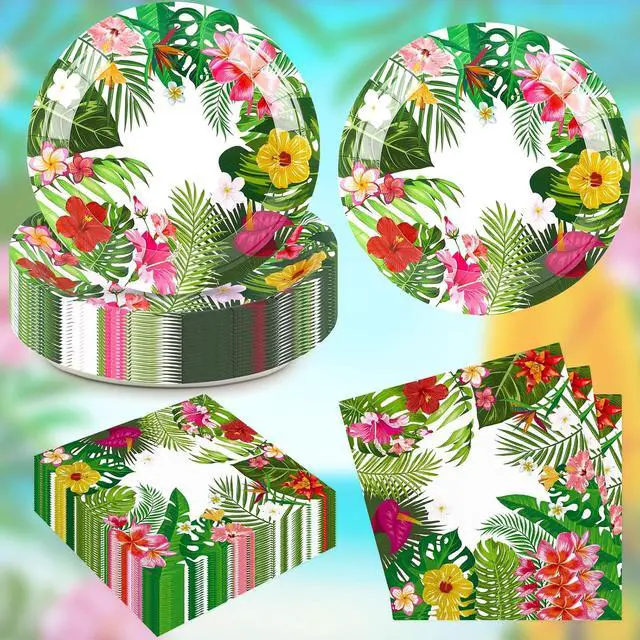 Alt view image 4 of 7 - 50 Pcs Tropical Luau Party Plates and Napkins Summer Hawaiian Green Leafs Flowers Disposable Tableware Party Decor for Tropical Luao Pool Beach Swim Birthday Baby Shower Party Supplies