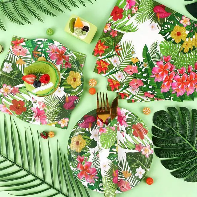 Alt view image 5 of 7 - 50 Pcs Tropical Luau Party Plates and Napkins Summer Hawaiian Green Leafs Flowers Disposable Tableware Party Decor for Tropical Luao Pool Beach Swim Birthday Baby Shower Party Supplies