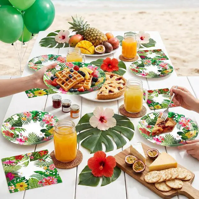 Alt view image 6 of 7 - 50 Pcs Tropical Luau Party Plates and Napkins Summer Hawaiian Green Leafs Flowers Disposable Tableware Party Decor for Tropical Luao Pool Beach Swim Birthday Baby Shower Party Supplies