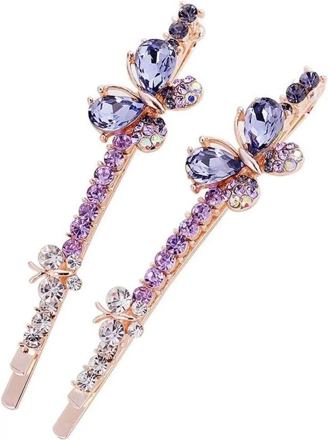 Main image of 1 Pair Fashion Women Girls Crystal Rhinestone Hairpins Double Butterfly Design Hair Pins Clips Barrettes Headdress (Purple)