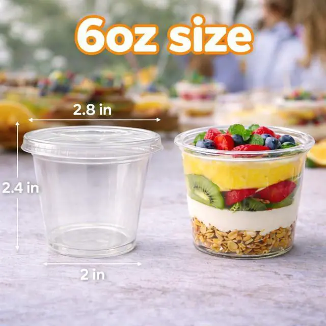 Alt view image 3 of 7 - 6 oz Plastic Portion Cups with Lids Clear 6oz Disposable Dessert Containers for Jello, Pudding, Ice Cream, Fruit & Snacks Leak Proof Souffle Cups with No-Hole Lids for Take-Out - x25