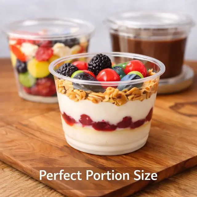 Alt view image 5 of 7 - 6 oz Plastic Portion Cups with Lids Clear 6oz Disposable Dessert Containers for Jello, Pudding, Ice Cream, Fruit & Snacks Leak Proof Souffle Cups with No-Hole Lids for Take-Out - x25