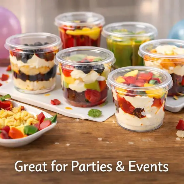 Alt view image 6 of 7 - 6 oz Plastic Portion Cups with Lids Clear 6oz Disposable Dessert Containers for Jello, Pudding, Ice Cream, Fruit & Snacks Leak Proof Souffle Cups with No-Hole Lids for Take-Out - x25