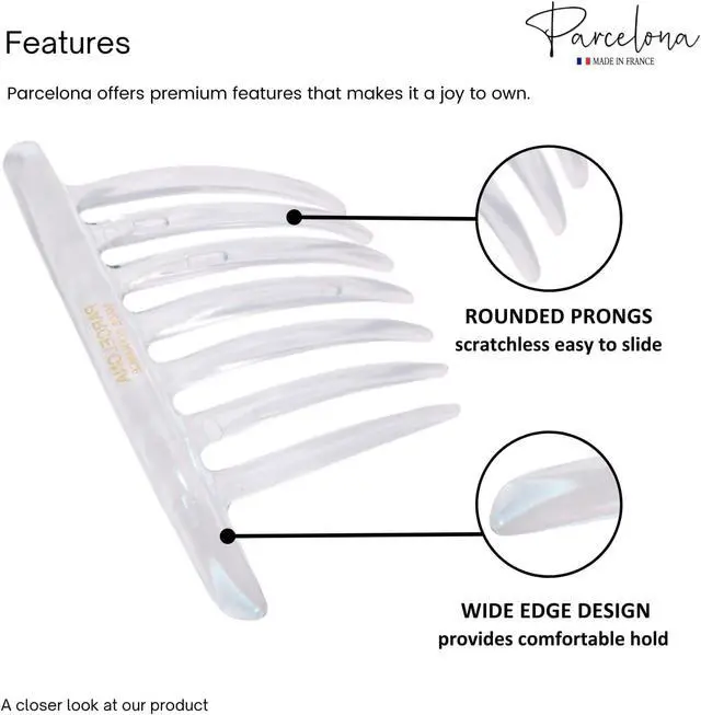 Alt view image 3 of 7 - Parcelona French Twist 7 Teeth Large Clear 4" Set of 2 Side Hair Comb | Styling Women Hair Accessories Girls Hair Clip, Made in France