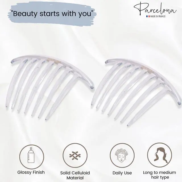 Alt view image 2 of 7 - Parcelona French Twist 7 Teeth Large Clear 4" Set of 2 Side Hair Comb | Styling Women Hair Accessories Girls Hair Clip, Made in France