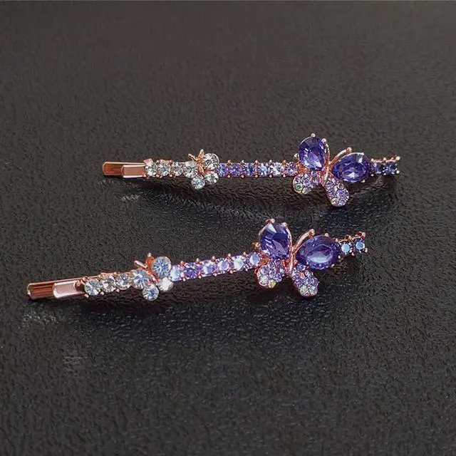 Alt view image 3 of 5 - 1 Pair Fashion Women Girls Crystal Rhinestone Hairpins Double Butterfly Design Hair Pins Clips Barrettes Headdress (Purple)