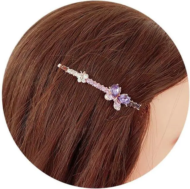 Alt view image 4 of 5 - 1 Pair Fashion Women Girls Crystal Rhinestone Hairpins Double Butterfly Design Hair Pins Clips Barrettes Headdress (Purple)