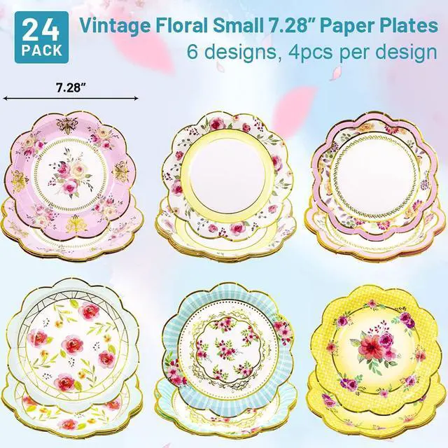 Alt view image 2 of 7 - Fancy Land Floral Paper Plates 7.28 Inches Vintage Small 24 ct, Tea Party | Tea Party Supplies