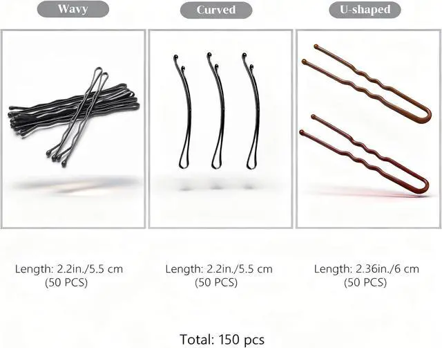 Alt view image 2 of 6 - 150 Pcs Professional Hair Pins Set - 50 Wavy & 50 Curved Black Bobby Pins (2.2") + 50 Brown U-Shaped Bun Pins (2.36"),Rust & Fade Proof, with Ball Tips & Storage Box