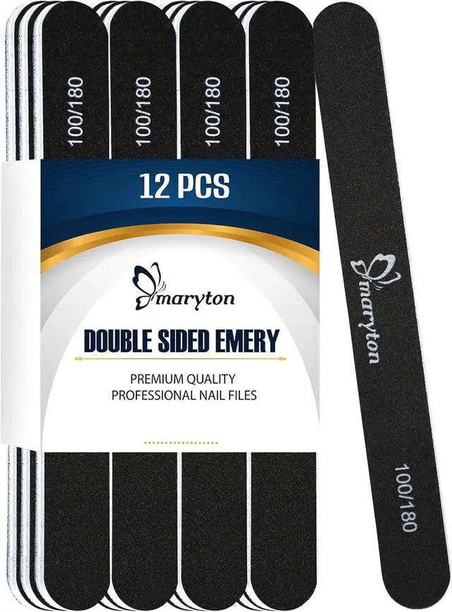 Main image of Maryton Nail File 100/180 Grit Emery Boards for Nails, Black, 12 PCS | for Natural Acrylic Nails, Upgraded Sandpaper, Durable Reusable, Washable, Double Sided, Professional Salon Quality