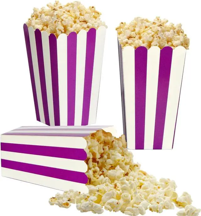 Main image of XIEHE 24 Pack Striped Popcorn Boxes - Carnival Parties Mini Paper Popcorn and Candy Containers, Party Supplies for Movie Nights (Purple)