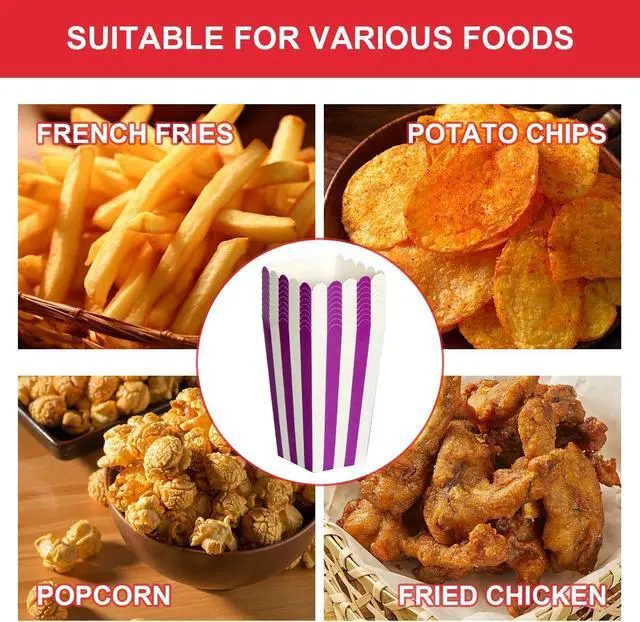 Alt view image 7 of 7 - XIEHE 24 Pack Striped Popcorn Boxes - Carnival Parties Mini Paper Popcorn and Candy Containers, Party Supplies for Movie Nights (Purple)