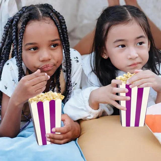 Alt view image 2 of 7 - XIEHE 24 Pack Striped Popcorn Boxes - Carnival Parties Mini Paper Popcorn and Candy Containers, Party Supplies for Movie Nights (Purple)