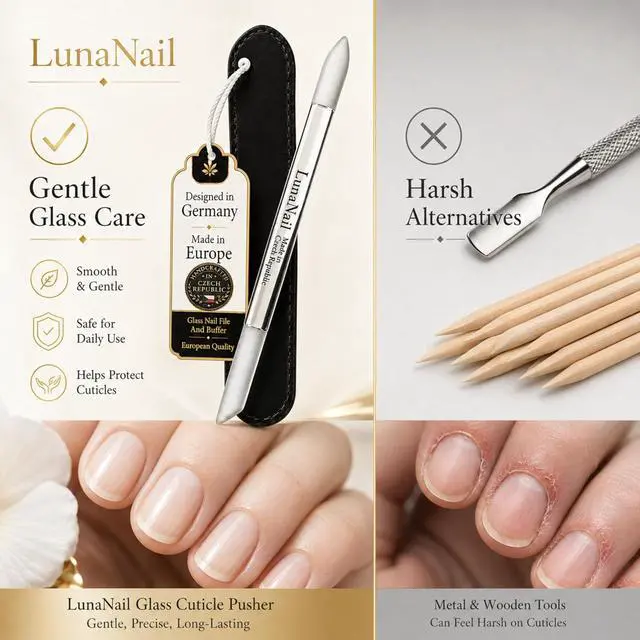 Alt view image 3 of 4 - Double-Sided Czech Crystal Glass Cuticle Pusher | Premium Etched Manicure Stick with Pointed & Slanted Ends | Gentle Non-Metal Care for Natural Nails | Hygienic & Durable | Velvet Case