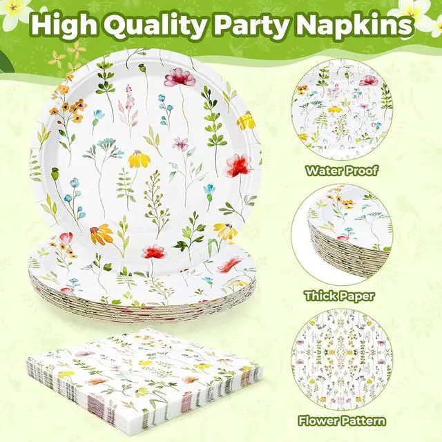 Alt view image 4 of 7 - Spring Floral Paper Plates and Napkins Set | 9 Inch Wildflower Disposable Plates & Matching Napkins for Garden Party, Baby Shower, Birthday | Floral Party Decorations & TablewareServe for 20