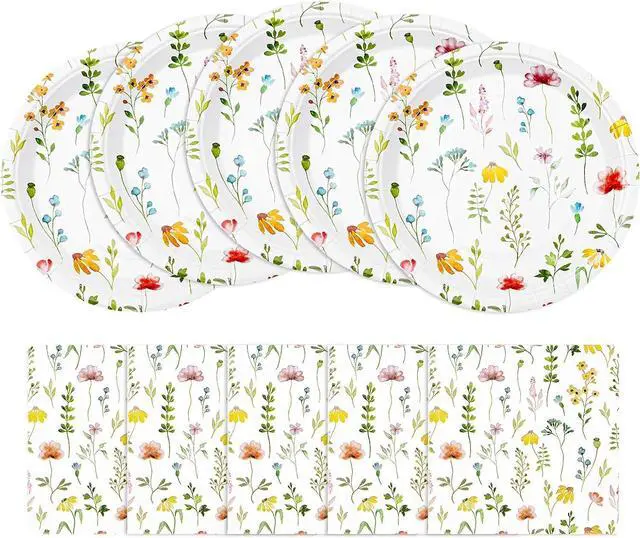 Main image of Spring Floral Paper Plates and Napkins Set | 9 Inch Wildflower Disposable Plates & Matching Napkins for Garden Party, Baby Shower, Birthday | Floral Party Decorations & TablewareServe for 20