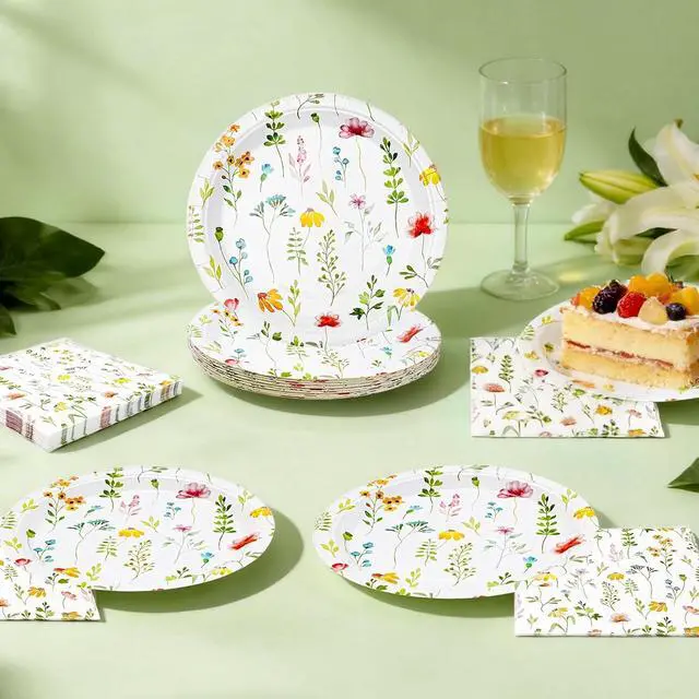 Alt view image 2 of 7 - Spring Floral Paper Plates and Napkins Set | 9 Inch Wildflower Disposable Plates & Matching Napkins for Garden Party, Baby Shower, Birthday | Floral Party Decorations & TablewareServe for 20