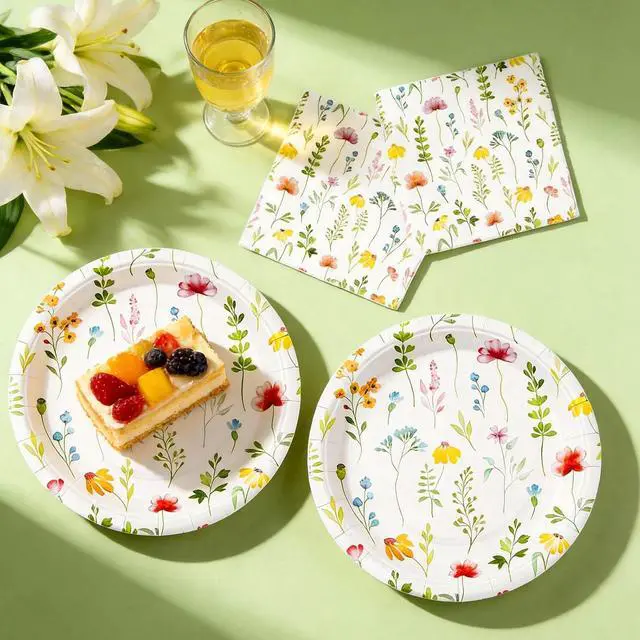 Alt view image 5 of 7 - Spring Floral Paper Plates and Napkins Set | 9 Inch Wildflower Disposable Plates & Matching Napkins for Garden Party, Baby Shower, Birthday | Floral Party Decorations & TablewareServe for 20