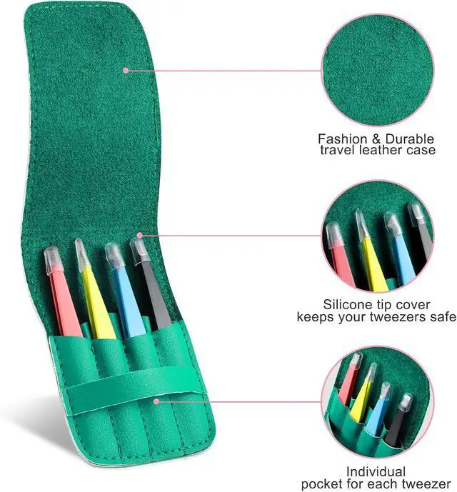 Alt view image 5 of 7 - Eyebrow Tweezers Set for Women Facial Hair, 4Pcs, Multi-color | Stainless Steel, Ultra Sharp, Great Precision for Ingrown Hair, Facial Hair and Splinter Removal with Travel Case
