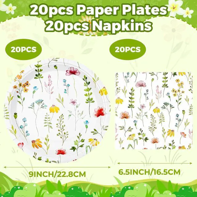 Alt view image 6 of 7 - Spring Floral Paper Plates and Napkins Set | 9 Inch Wildflower Disposable Plates & Matching Napkins for Garden Party, Baby Shower, Birthday | Floral Party Decorations & TablewareServe for 20