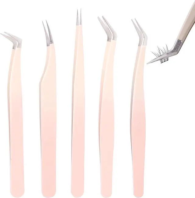 Main image of 5 Pcs Lash Extension Tweezers, Lash Tweezers for Eyelash Extension, Straight and Curved Eyelash Tweezers, For Professional Eyelash Extension Artists, Girls, Women, Beginners