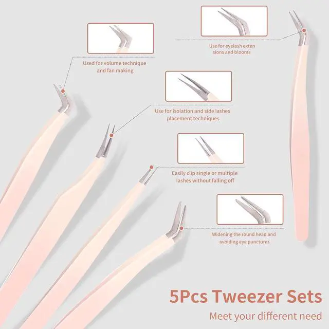 Alt view image 2 of 7 - 5 Pcs Lash Extension Tweezers, Lash Tweezers for Eyelash Extension, Straight and Curved Eyelash Tweezers, For Professional Eyelash Extension Artists, Girls, Women, Beginners