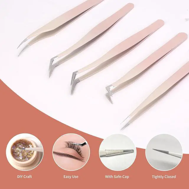 Alt view image 5 of 7 - 5 Pcs Lash Extension Tweezers, Lash Tweezers for Eyelash Extension, Straight and Curved Eyelash Tweezers, For Professional Eyelash Extension Artists, Girls, Women, Beginners