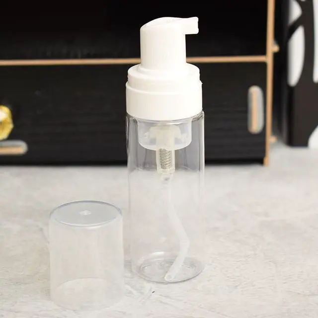 Alt view image 2 of 7 - 2-Piece Plastic Foamer Bottle Clear Pump Dispenser Mini Travel Size Foaming Soap Face Wash 1.7 Oz, No leaks!