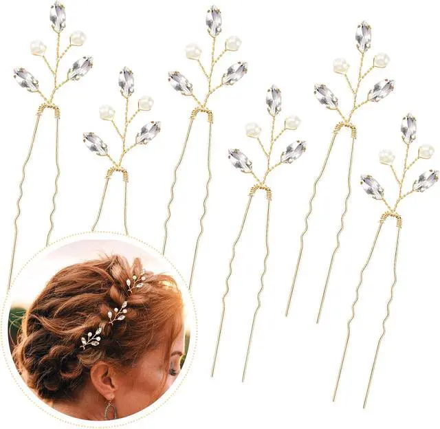 Main image of Syhood 6 Pcs Pearl Crystal Wedding Hair Pins Rhinestone Leaf,Gold | U-Shape for Bridal Updos, Branch Accessories for Prom and Party, Elegant Headpieces, Crystal Accents for Formal Occasions