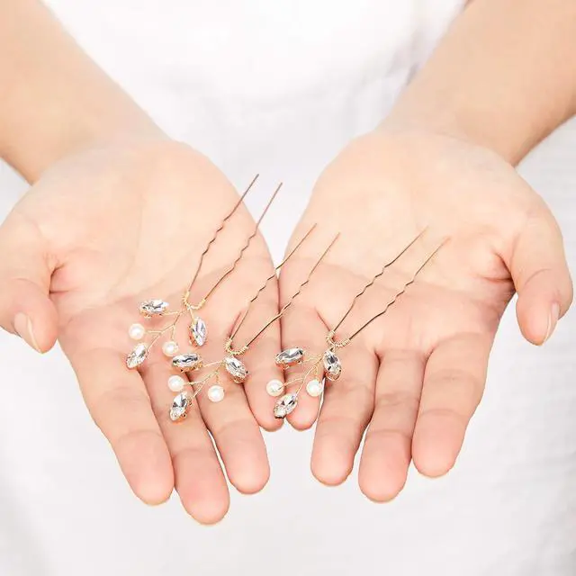 Alt view image 3 of 6 - Syhood 6 Pcs Pearl Crystal Wedding Hair Pins Rhinestone Leaf,Gold | U-Shape for Bridal Updos, Branch Accessories for Prom and Party, Elegant Headpieces, Crystal Accents for Formal Occasions
