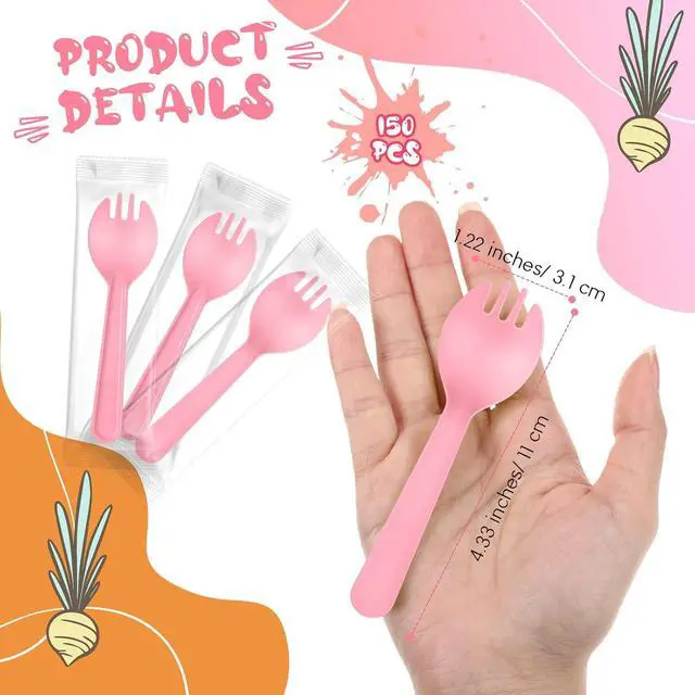 Alt view image 2 of 6 - Tioncy 150 Pcs Disposable Plastic Sporks Individually Wrapped Disposable Sporks 4.5'' x 1.26'' 2 in 1 Fork and Spoon Set Serving Utensils for Dessert Restaurant Party Supply(Pink)