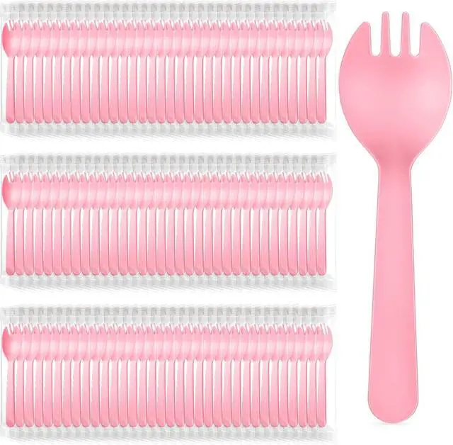 Main image of Tioncy 150 Pcs Disposable Plastic Sporks Individually Wrapped Disposable Sporks 4.5'' x 1.26'' 2 in 1 Fork and Spoon Set Serving Utensils for Dessert Restaurant Party Supply(Pink)