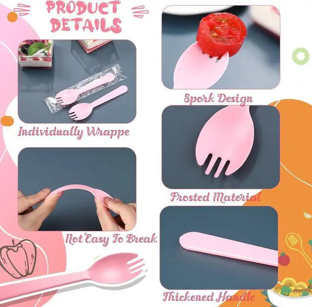 Alt view image 3 of 6 - Tioncy 150 Pcs Disposable Plastic Sporks Individually Wrapped Disposable Sporks 4.5'' x 1.26'' 2 in 1 Fork and Spoon Set Serving Utensils for Dessert Restaurant Party Supply(Pink)