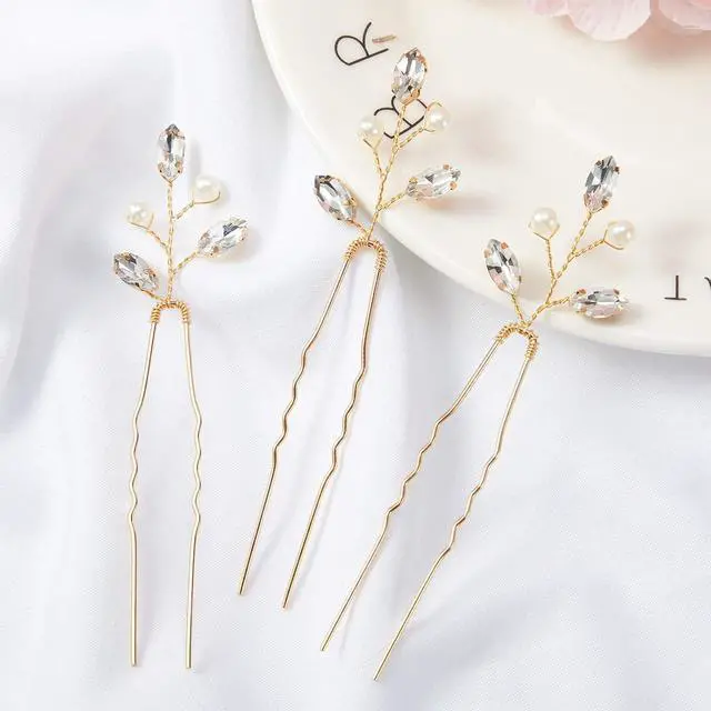 Alt view image 5 of 6 - Syhood 6 Pcs Pearl Crystal Wedding Hair Pins Rhinestone Leaf,Gold | U-Shape for Bridal Updos, Branch Accessories for Prom and Party, Elegant Headpieces, Crystal Accents for Formal Occasions