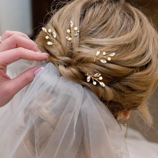 Alt view image 4 of 6 - Syhood 6 Pcs Pearl Crystal Wedding Hair Pins Rhinestone Leaf,Gold | U-Shape for Bridal Updos, Branch Accessories for Prom and Party, Elegant Headpieces, Crystal Accents for Formal Occasions